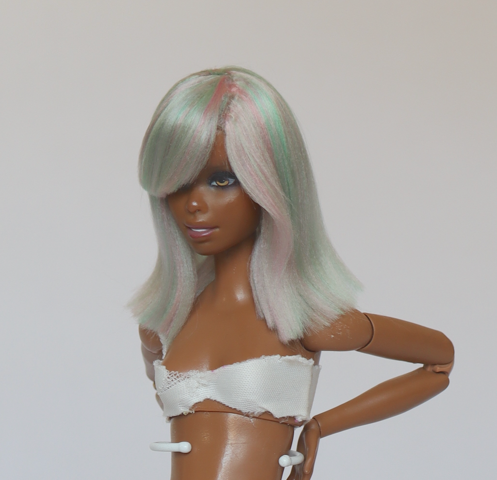 Handmade crafted Barbie doll hair wig accessory in color Watermelon Iridescent